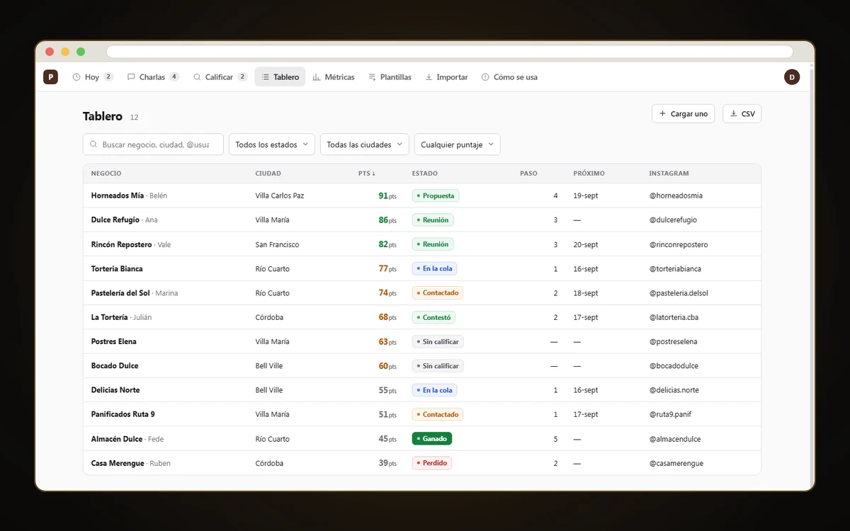 Tablero del CRM de prospección con negocios de ejemplo, puntaje, estado y próximo toque de cada uno