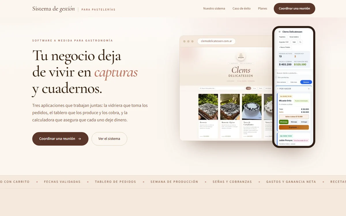 Página de inicio del sitio comercial del sistema para pastelerías, con capturas del catálogo y del gestor de pedidos
